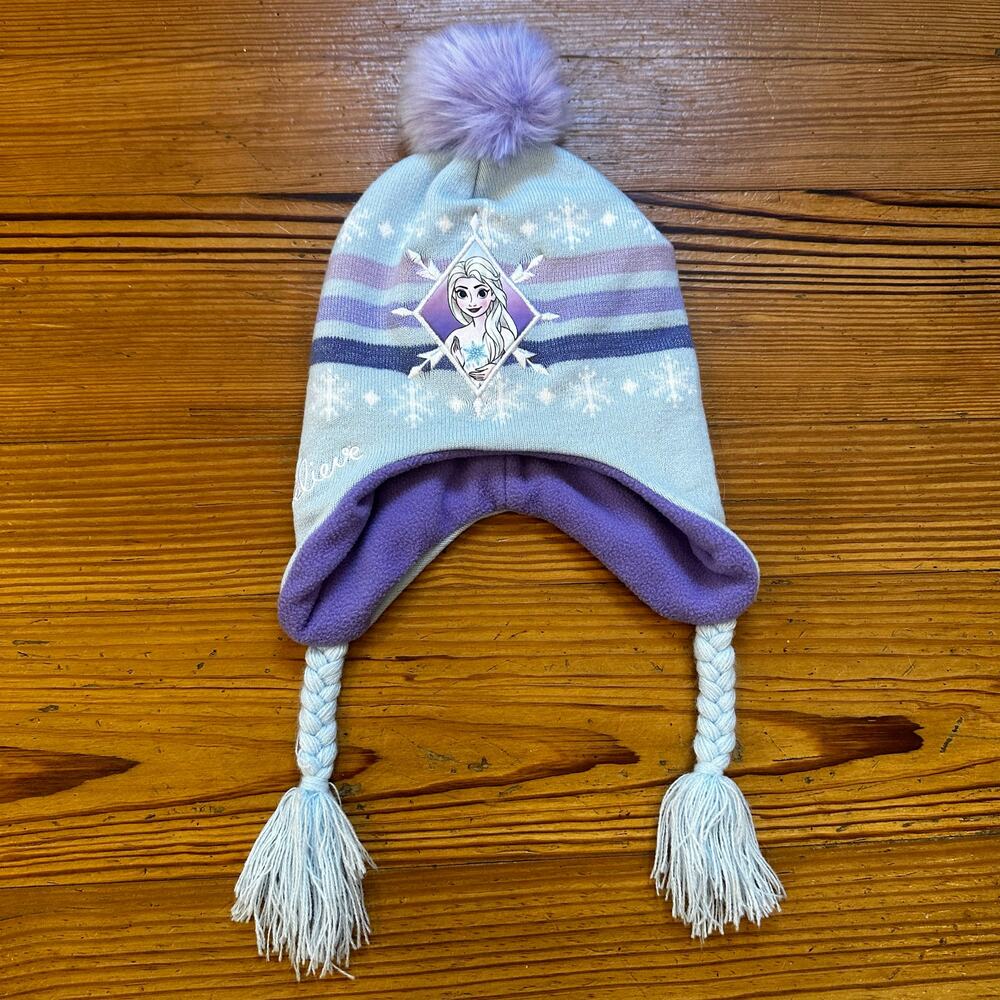 Disney Frozen Elsa blue purple pom pom‎ fleece hat SIZE OS